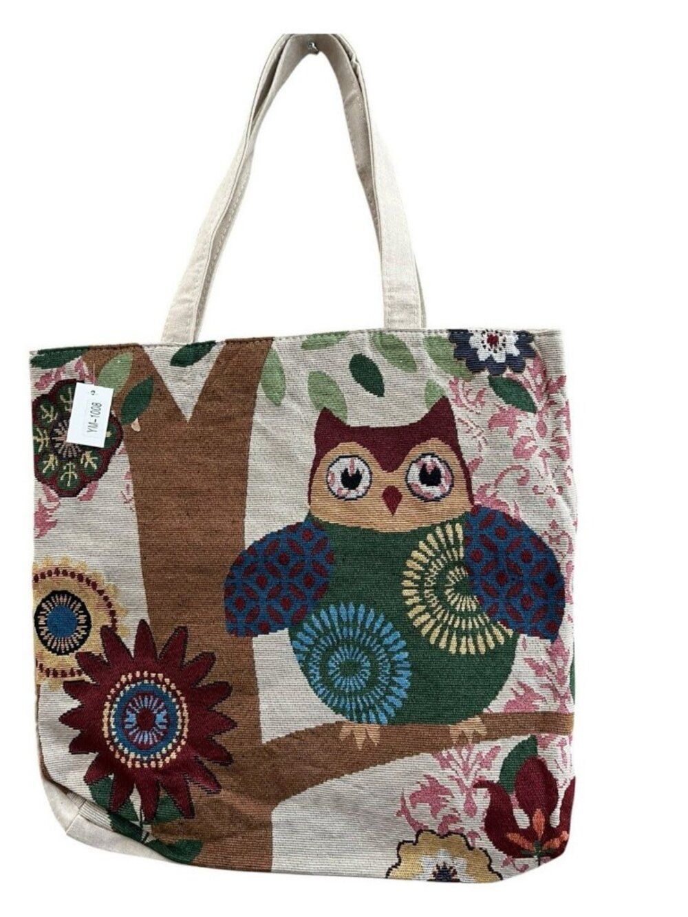 Large Owl On Tree Canvas Cloth Tote Bag Shoulder Handbag Zips Closed NWT